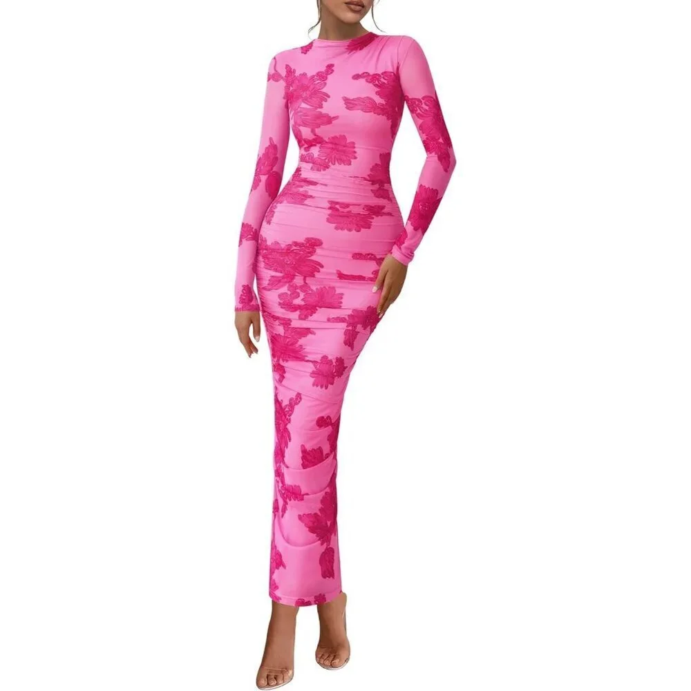 Women's Pink Rose Red Long Sleeve Spring Ruched Bodycon Floral Mesh Maxi Dress